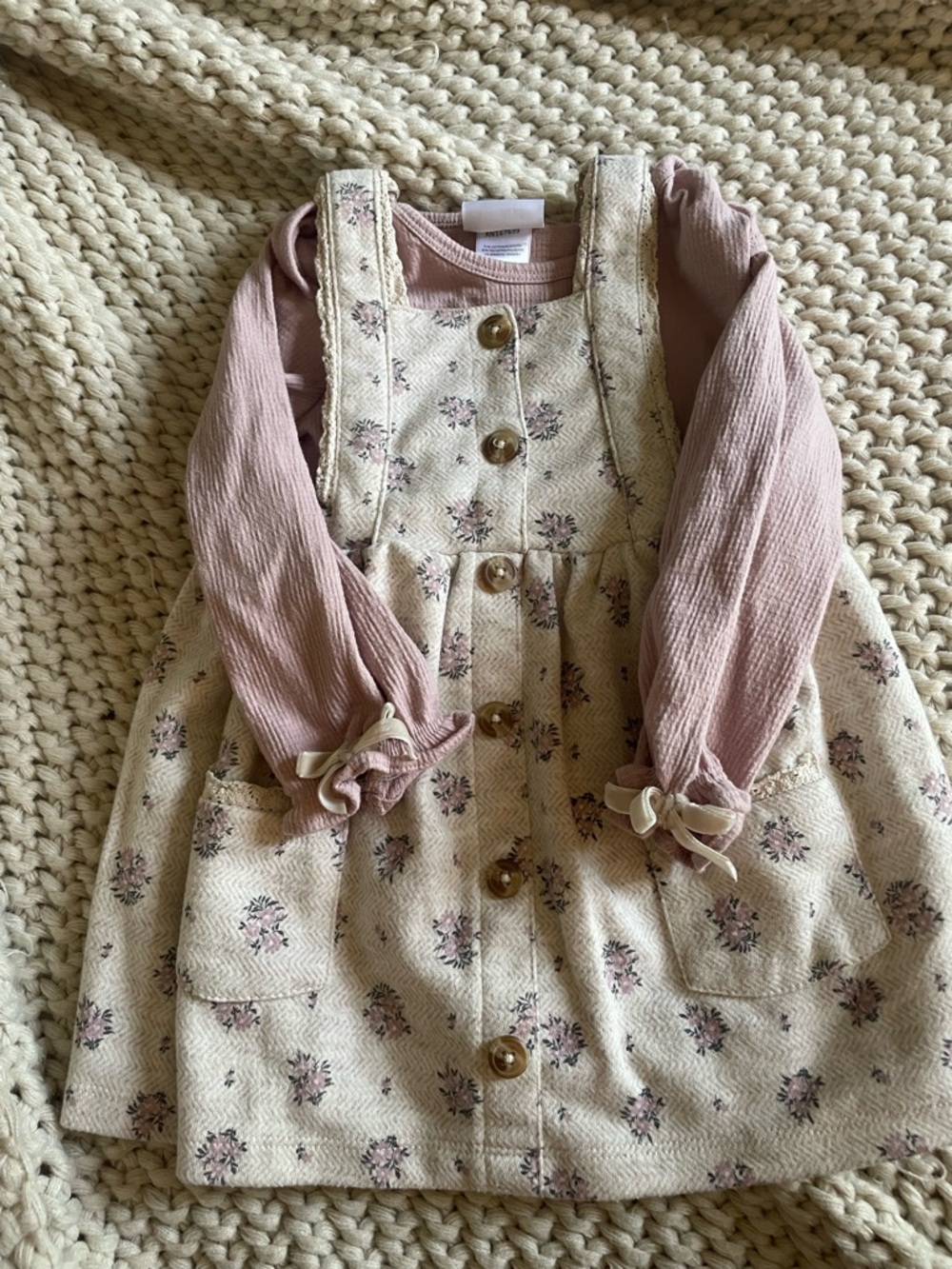 Nicole Miller Cream Floral Pinafore Dress with Dusty Pink Top